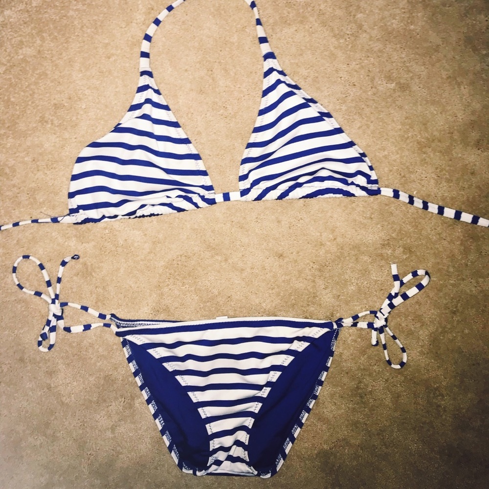 Blue and white striped bikini